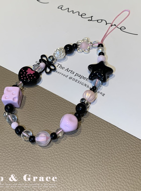 韩版ins风爱心手机链粉色爱心挂饰个性挂件短款手机挂绳粉紫色