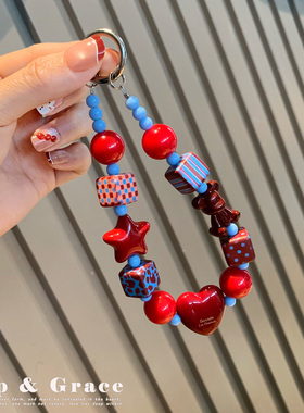 GripGrace酒红色暴力熊串珠手机链相机包包挂饰钥匙扣手机壳挂绳