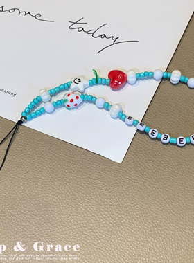 超好看串珠可爱清新珠子手机挂绳手机链拍立得挂件女蓝色多巴胺