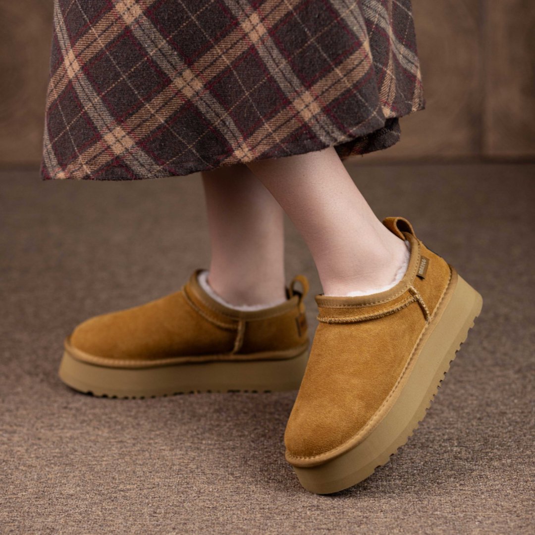 厚底头层牛皮女雪地靴防寒保暖加厚毛里真皮面包鞋一脚蹬棉鞋短筒