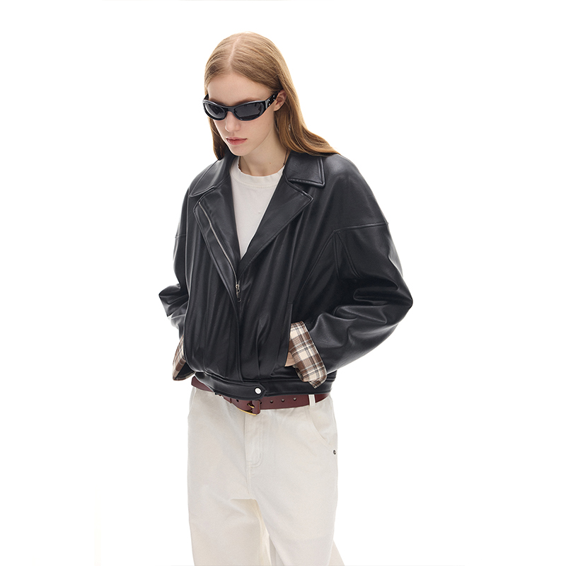 SHALL NOT UNTRUE 翻领复古皮衣外套女设计感拼接格纹机车皮夹克