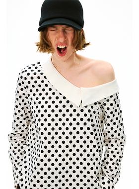 SHALL NOT UNTRUE 波点斜肩上衣女设计感不规则露肩显瘦长袖T恤