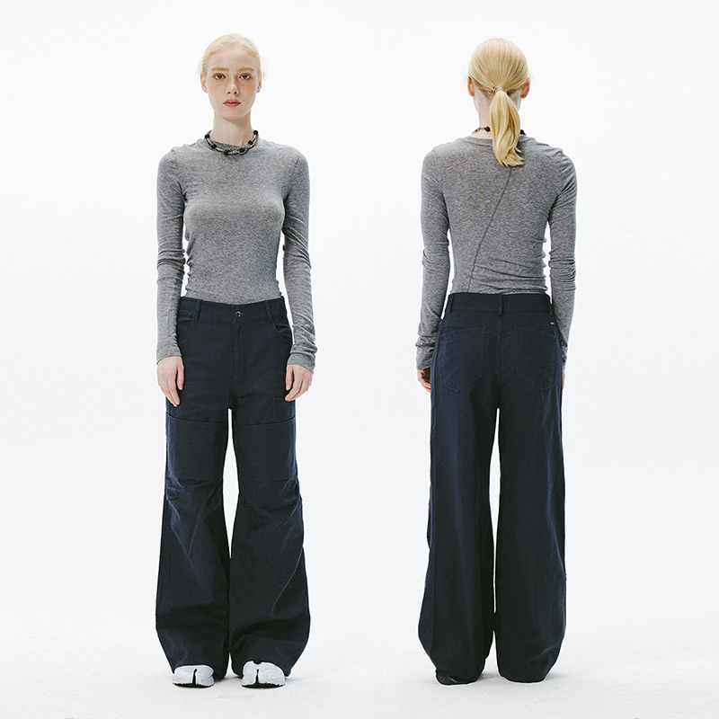 SNU 藏蓝色阔腿工装裤女多口袋美式复古直筒宽松显瘦拖地休闲裤