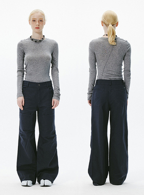 SNU 藏蓝色阔腿工装裤女多口袋美式复古直筒宽松显瘦拖地休闲裤