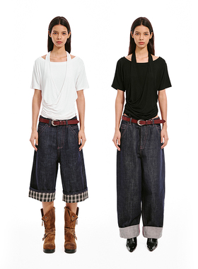 SHALL NOT UNTRUE 假两件挂脖短袖T恤女设计感堆叠感收腰显瘦上衣