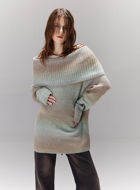 SNU 原创翻领一字肩毛衣女春季设计感渐变复古慵懒风露肩针织上衣