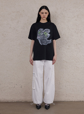 SNU 原创卡通印花短袖T恤女夏中长款宽松显瘦设计感落肩半袖上衣