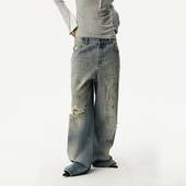 女水洗复古做旧印花宽松廓形休闲拖地裤 SNU 原创破洞阔腿牛仔裤 子