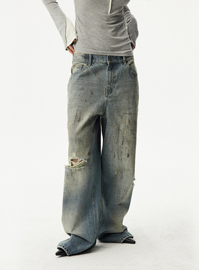 SNU 原创破洞阔腿牛仔裤女水洗复古做旧印花宽松廓形休闲拖地裤子
