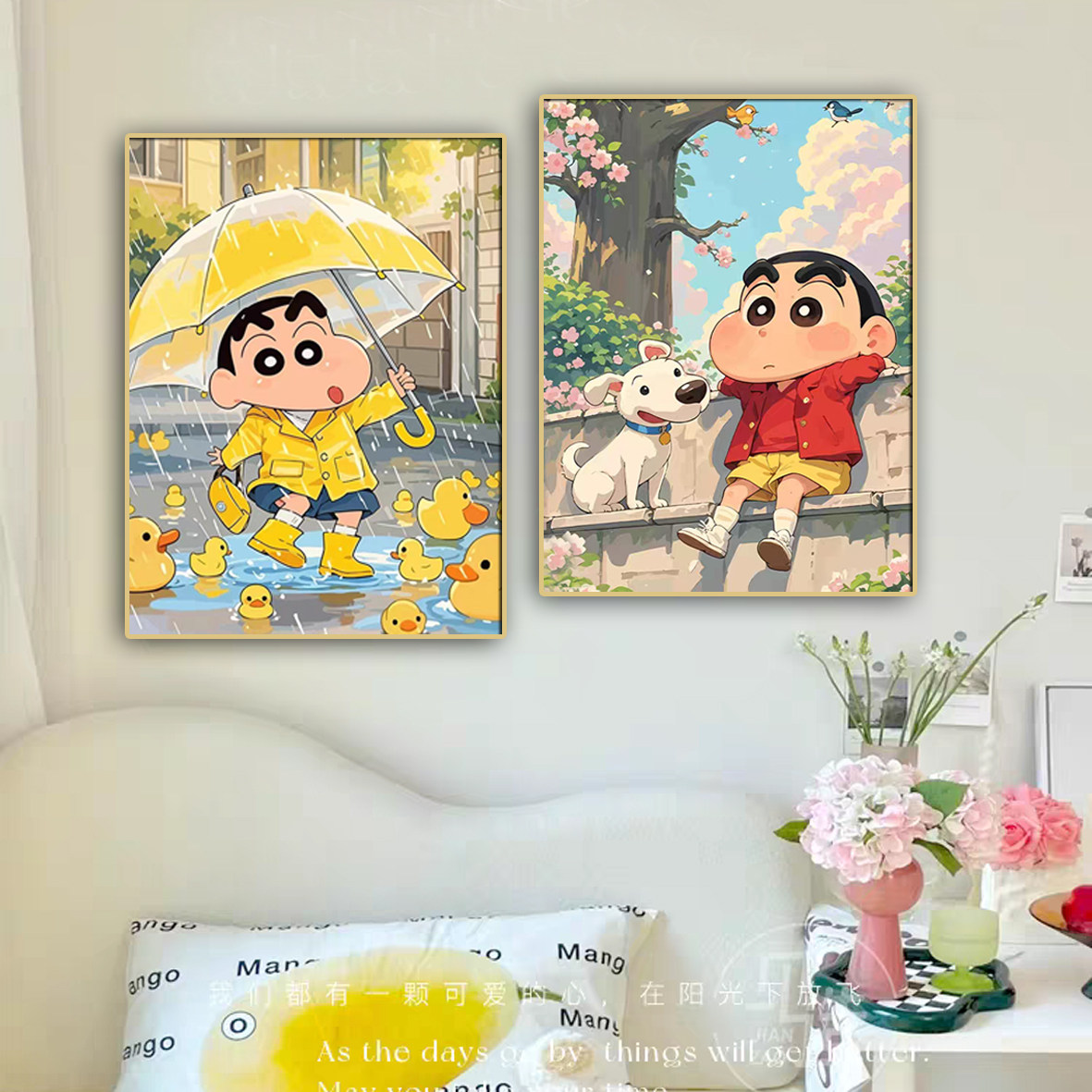 小清新春日蜡笔小新免打孔装饰画可爱治愈系儿童房卧室床头挂画图片