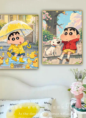 小清新春日蜡笔小新免打孔装饰画可爱治愈系儿童房卧室床头挂画