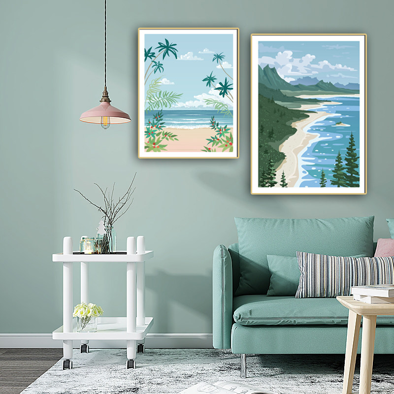 简约文艺范粉蓝梦幻大海免打孔装饰画沙滩风景卧室挂画三联画