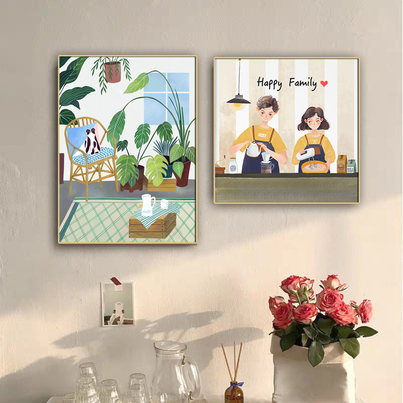 北欧小清新简约手绘卡通人物餐厅挂画食物家庭免打孔装饰画壁画图片
