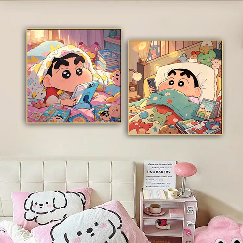 可爱卡通蜡笔小新免打孔装饰画儿童房卧室床头挂画照片墙桌面摆画