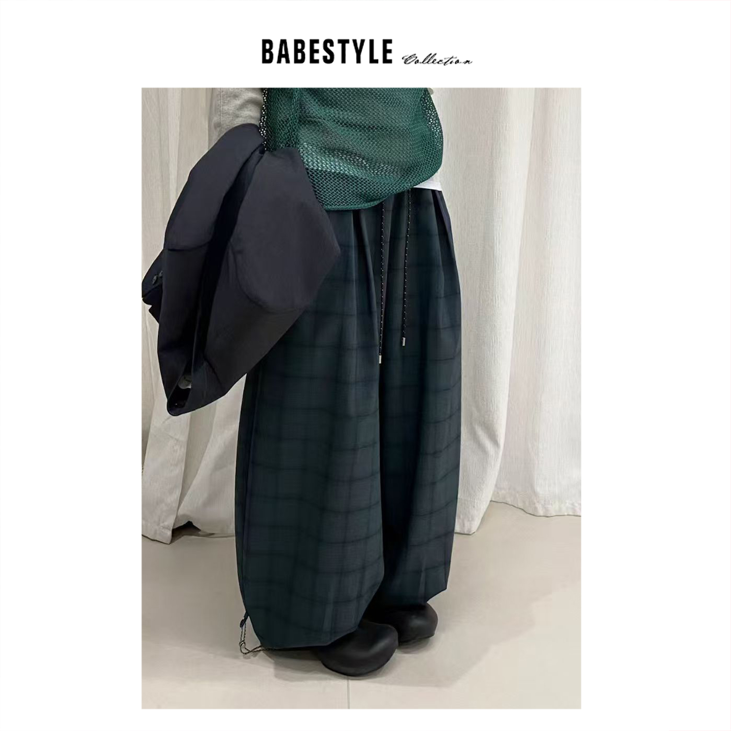 BABESTYLE |“漫步”首尔中古风高智感气质廓形抽绳裤脚休闲裤
