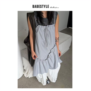 BABESTYLE |“高冷感”首尔文艺气质细格纹花边不规则设计吊带裙