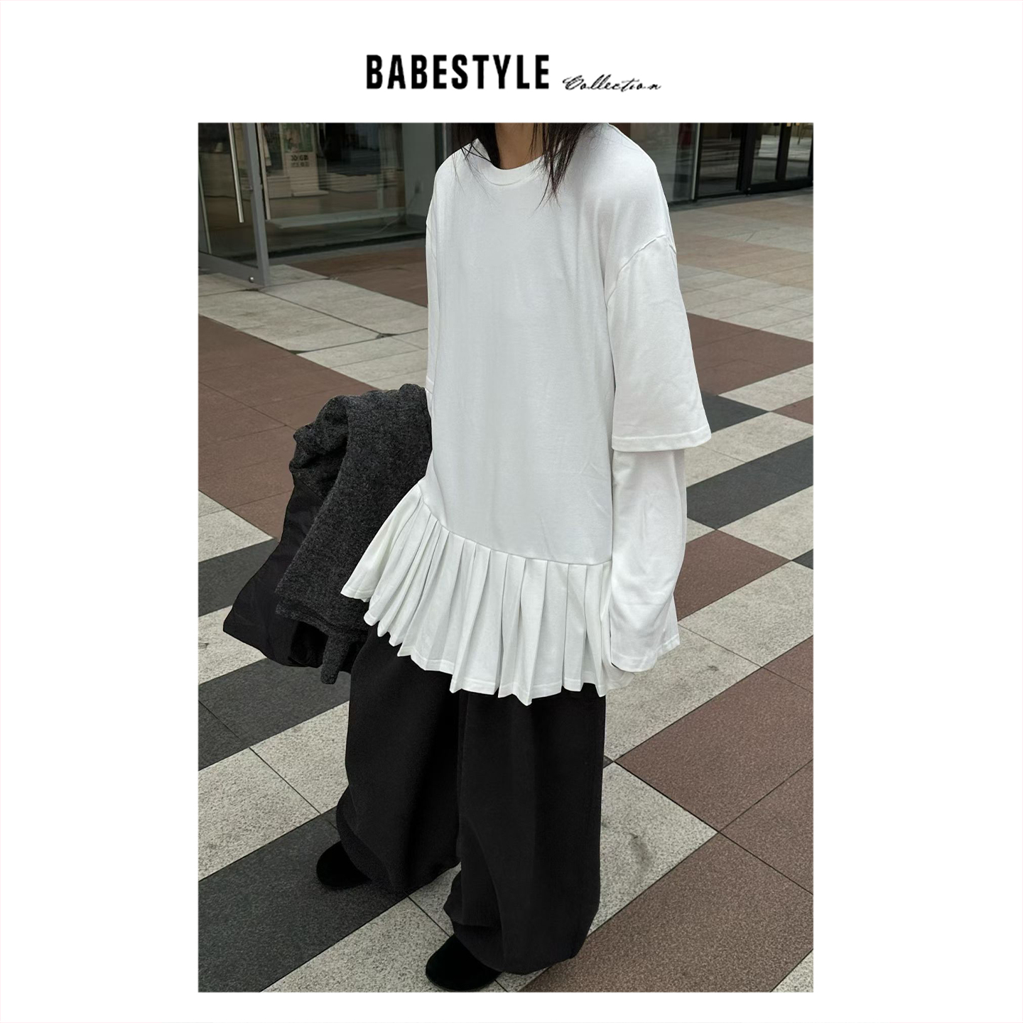 BABESTYLE |“反常规”首尔设计师叠穿感假两件磨毛百褶裙摆上衣