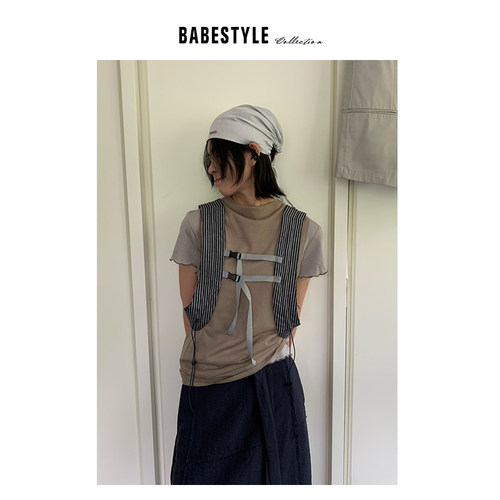 BABESTYLE |“微山系女孩”首尔户外机能风条纹抽绳混搭背包马夹