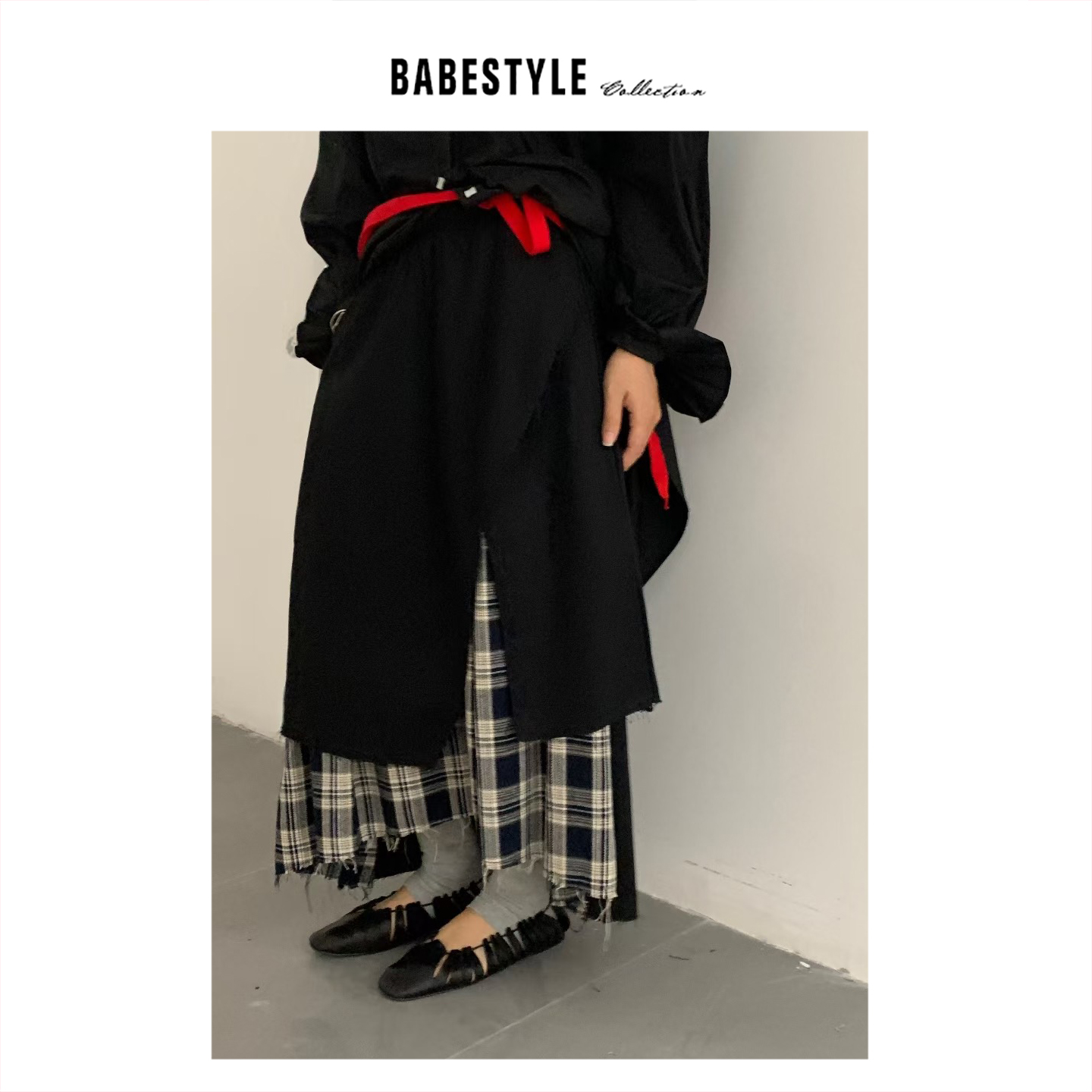 BABESTYLE |“艺术生”韩风不规则剪裁格纹拼接毛边棉麻半身裙