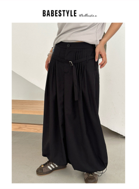 BABESTYLE |“文艺女编辑”首尔慵懒压褶设计宽松休闲裤配腰带