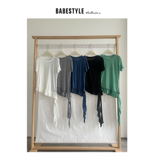 BABESTYLE |“浪花儿”首尔简约百搭荷叶花边不对称飘带短袖T