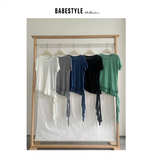 BABESTYLE |“浪花儿”首尔简约百搭荷叶花边不对称飘带短袖T