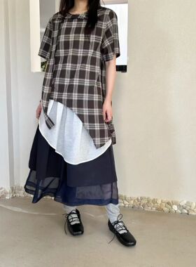 BABESTYLEL｜YAN 言己见 复古格纹不规则下摆娃娃领短袖飘带衬衫
