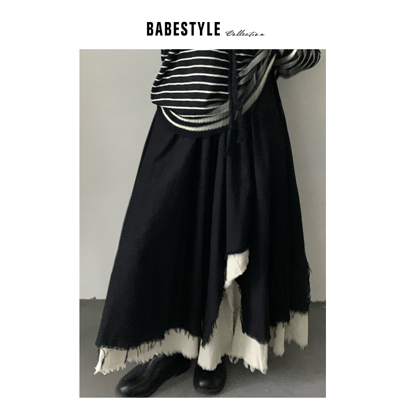 BABESTYLE |“ 流浪女诗人”不规则黑白拼色毛边做旧棉麻半身裙