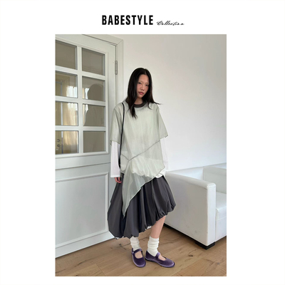 BABESTYLE |“柔焦” YAN 日式文艺叠穿纱纱斜边设计拼色领短袖T