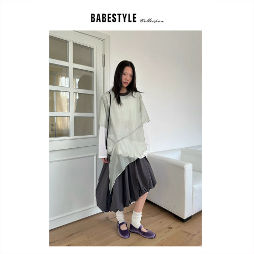 BABESTYLE |“柔焦” YAN 日式文艺叠穿纱纱斜边设计拼色领短袖T