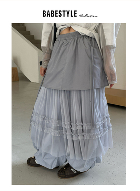 BABESTYLE |“叠穿”首尔甜酷百搭双层拼接假两件设计纱纱半身裙