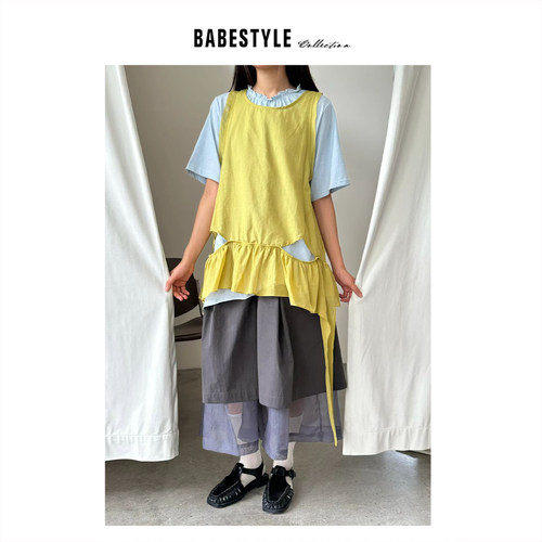 BABESTYLE |“绣球花园” YAN 日式花苞花边飘逸下摆雪纺宽松背心