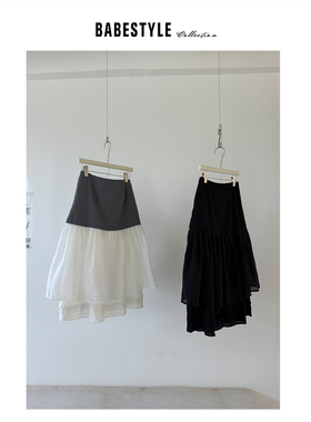 BABESTYLE |“白荷香”重工荷叶边拼接折皱花边假两件叠穿半身裙