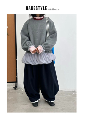 BABESTYLE |“无花果”日式复古文艺蓬蓬花苞边设计撞色拼接卫衣