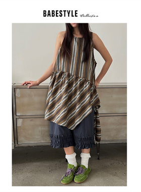 BABESTYLE |“扶桑花女孩”YAN 日式文艺古着斜纹不规则下摆背心