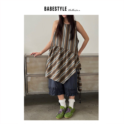 BABESTYLE |“扶桑花女孩”YAN 日式文艺古着斜纹不规则下摆背心