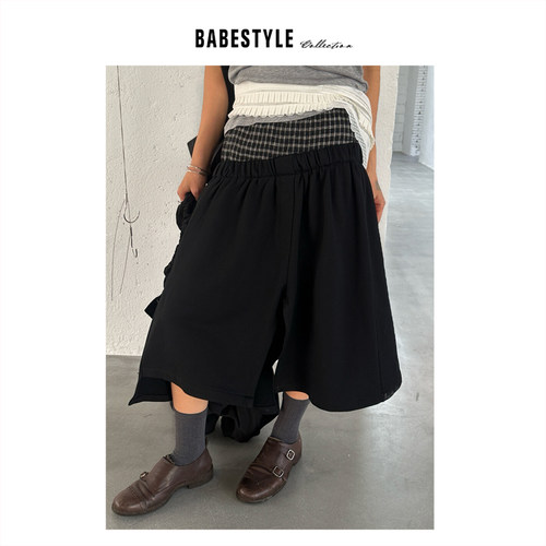 BABESTYLE |“古早味”首尔复古格纹假两件双腰头拼接半身裙