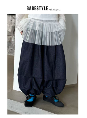 BABESTYLE |“隐市机能”韩风复古文艺褶皱抽绳设计气球牛仔裤
