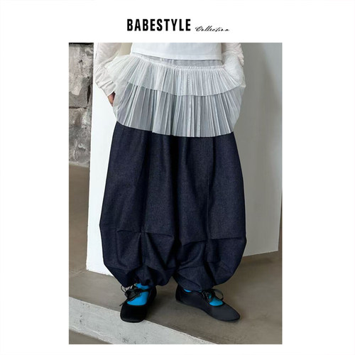 BABESTYLE |“隐市机能”韩风复古文艺褶皱抽绳设计气球牛仔裤