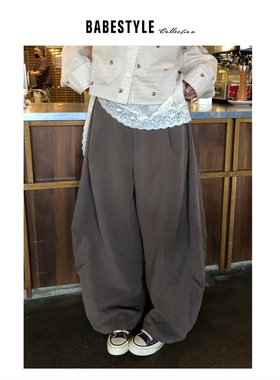 BABESTYLE |“小森林”日系文艺复古舒适捏褶设计感棉麻气泡裤