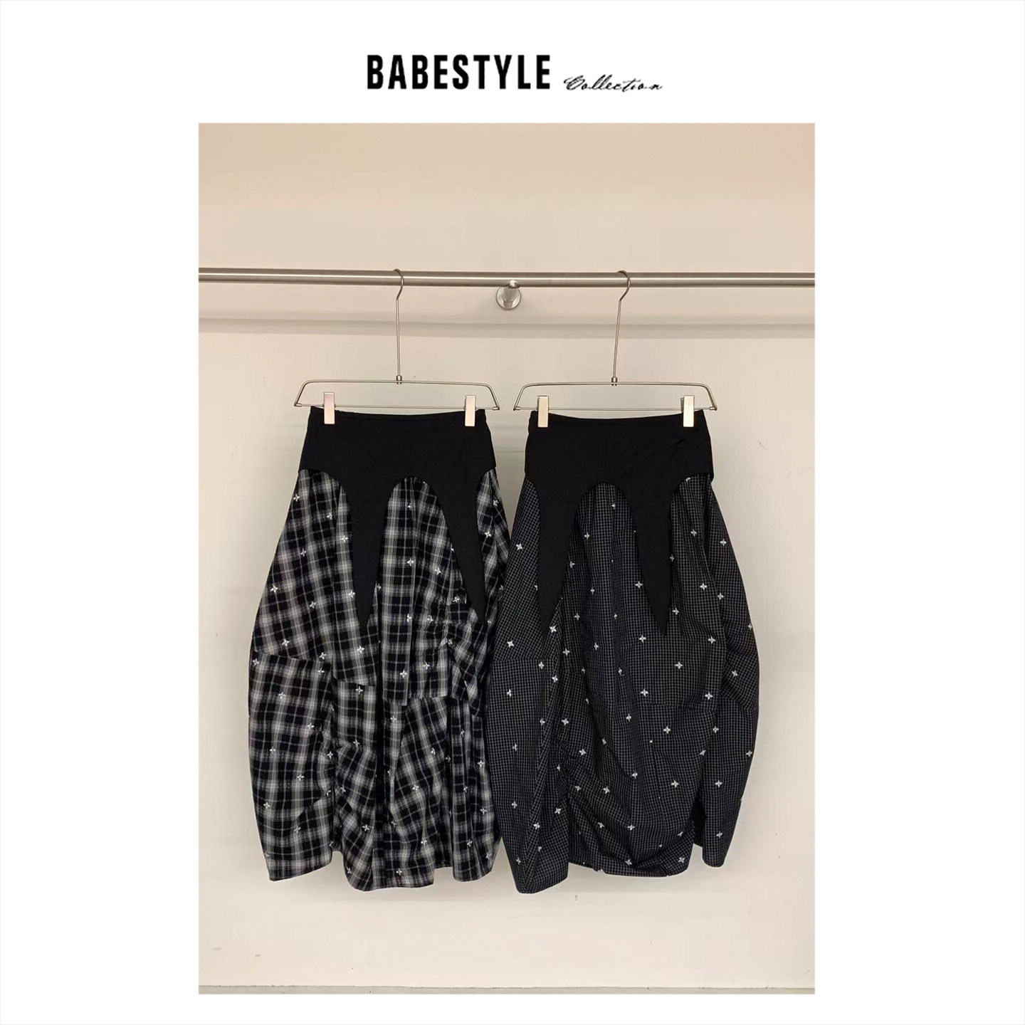 BABESTYLE |“繁星点点 ”刺绣星星复古格纹半身裙配可拆卸屁帘