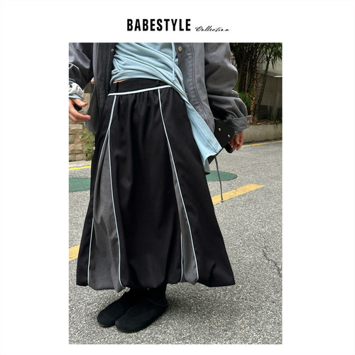 BABESTYLE |“线的轨迹”首尔中古风百搭撞色明线拼接花苞半身裙