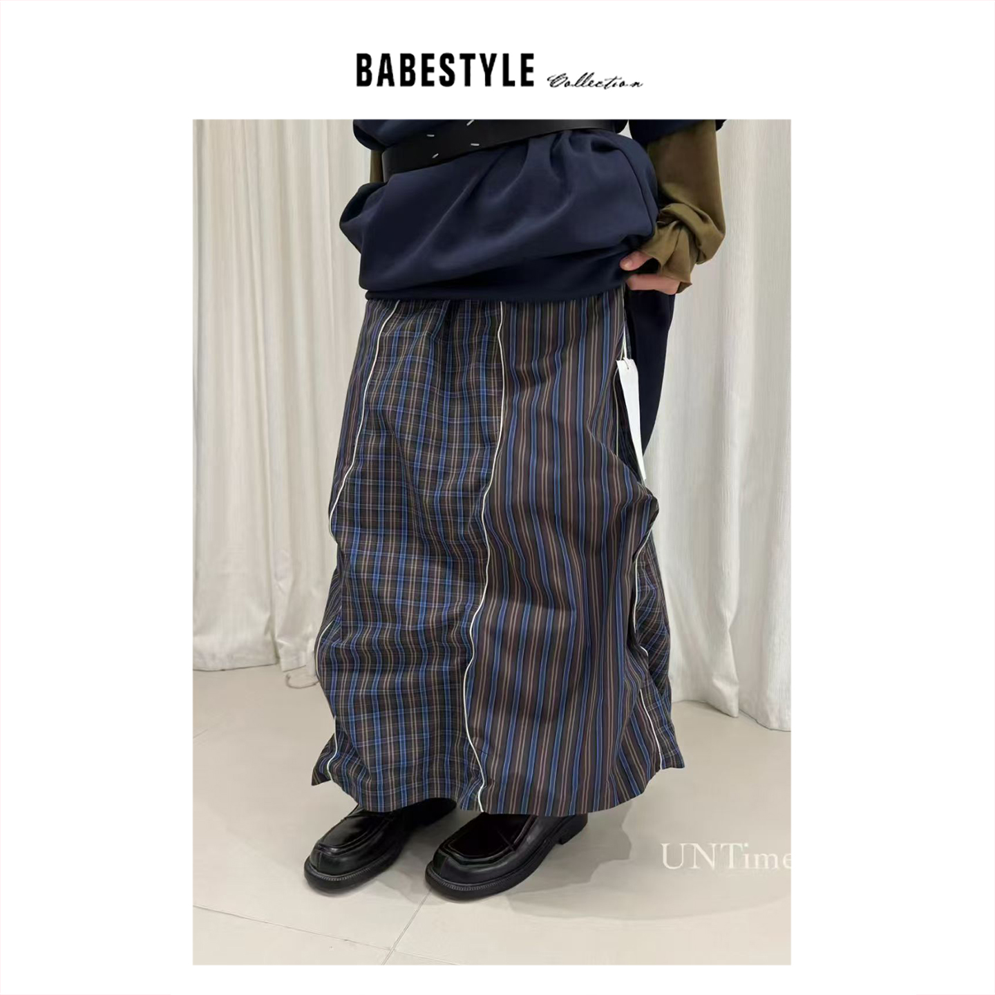 BABESTYLE |“重塑”韩系中古风撞色格纹可塑性骨线双层半身裙