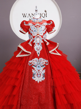 定制婉亦琪中国风红色国潮走秀礼服春晚新中式女童主持演出服高定