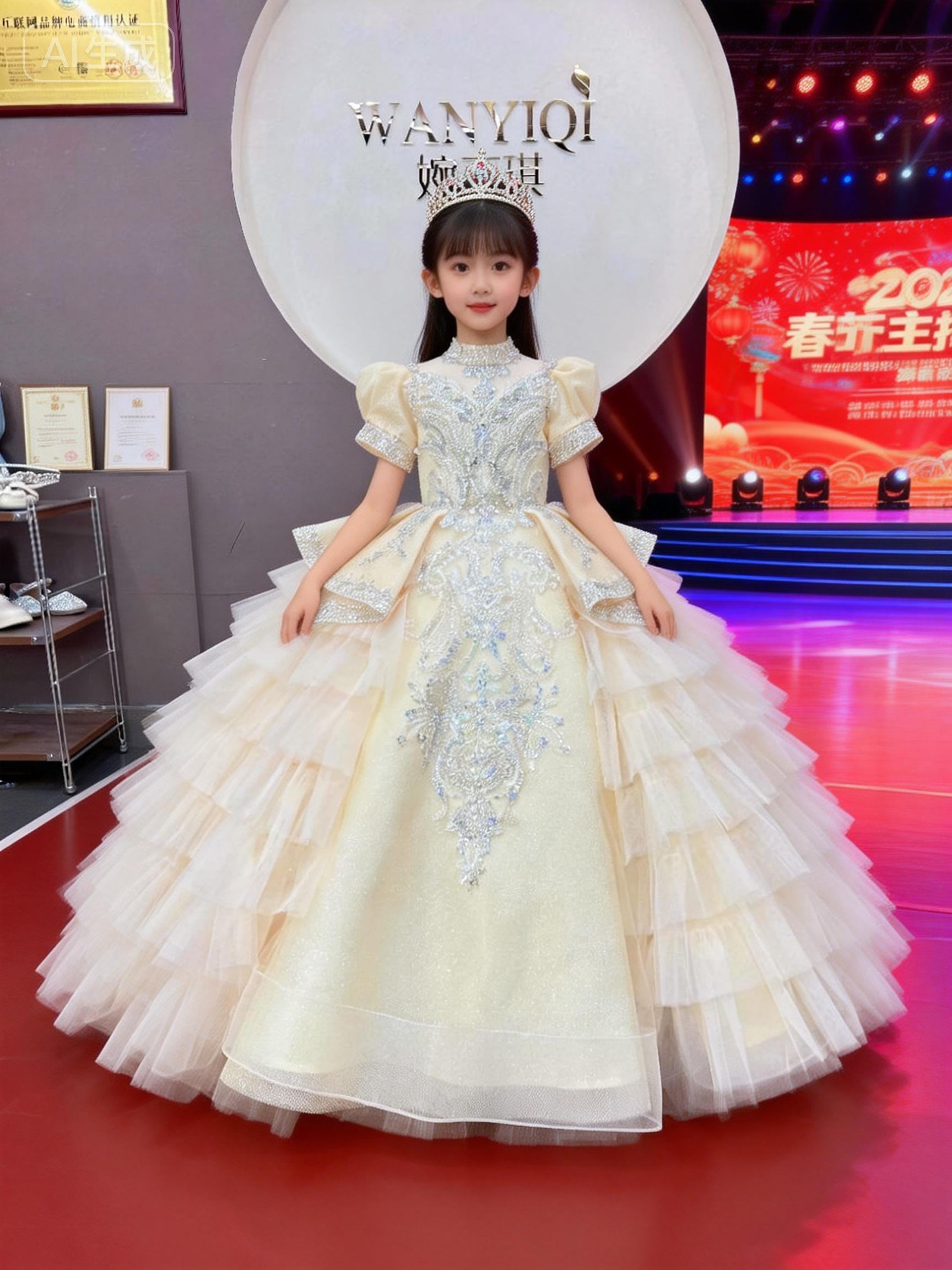 定制婉亦琪香槟色大女童十岁生日礼服主持人初高中女童礼服公主裙