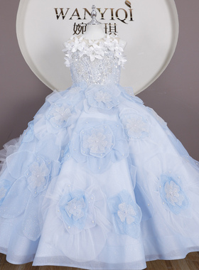 出租140130规格蓝色走秀晚礼服女孩公主裙儿童主持人演出服租赁