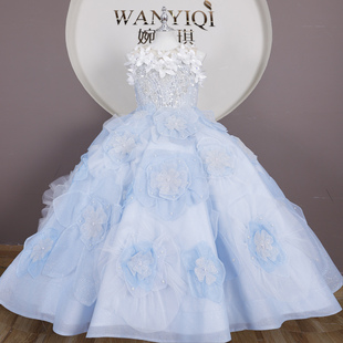 出租140130规格蓝色走秀晚礼服女孩公主裙儿童主持人演出服租赁