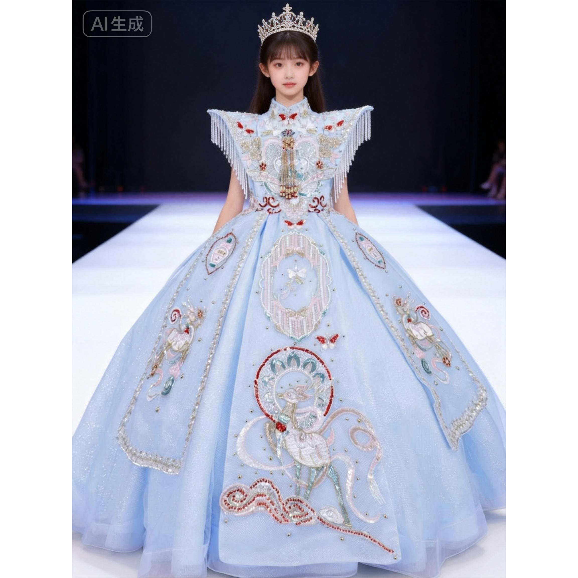 定制婉亦琪国潮女童新年春晚小主持人演出服重工走秀生日女孩礼服