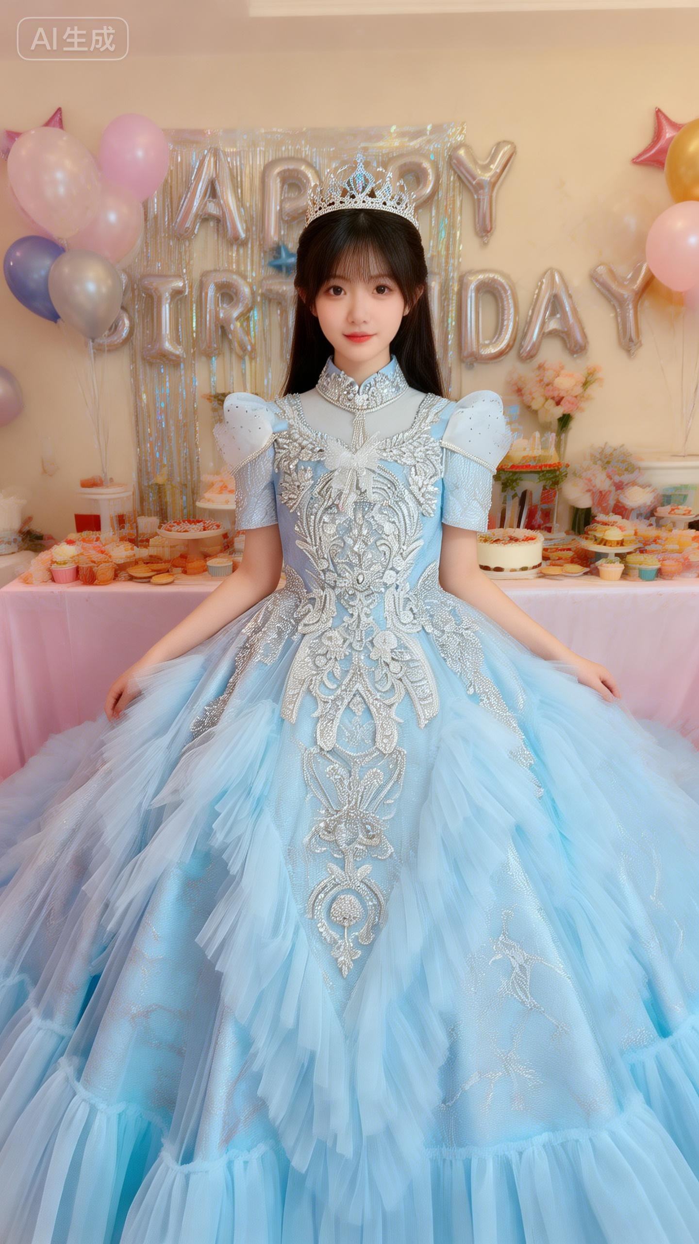 出租145规格婉亦琪重工天蓝色儿童主持人礼服女童十岁生日公主裙