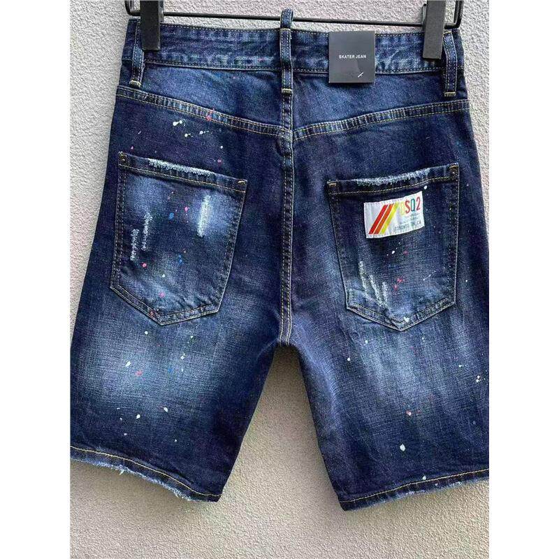 2025春夏新款D2潮男水洗磨破洞补丁油漆百搭蓝色牛仔裤男五分裤